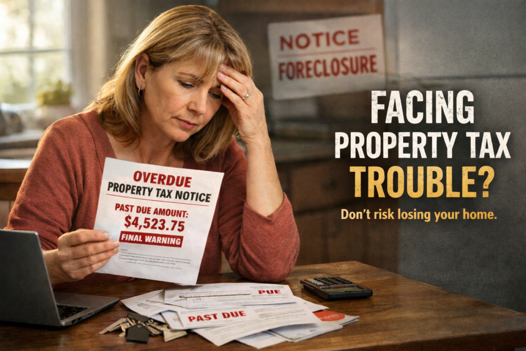 Tulsa homeowner reviewing overdue property tax notice at kitchen table, representing financial stress and risk of losing home due to back property taxes.