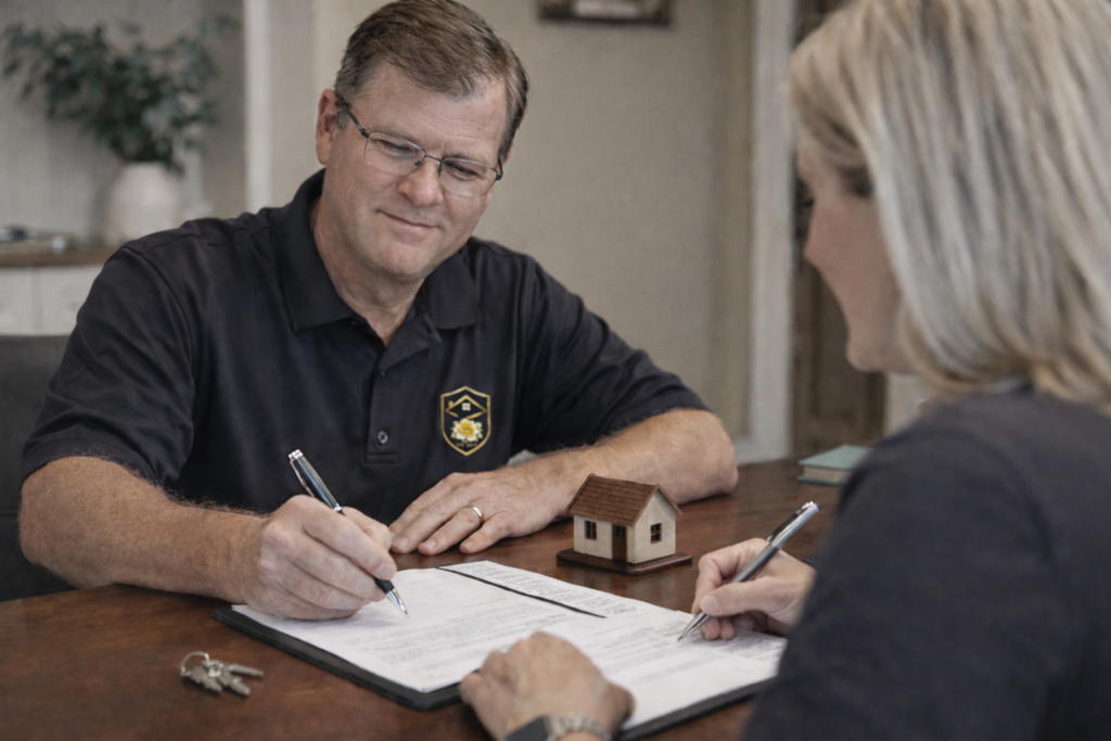 Donnie Weddle reviewing and signing real estate purchase paperwork with a homeowner during a cash home sale in Oklahoma