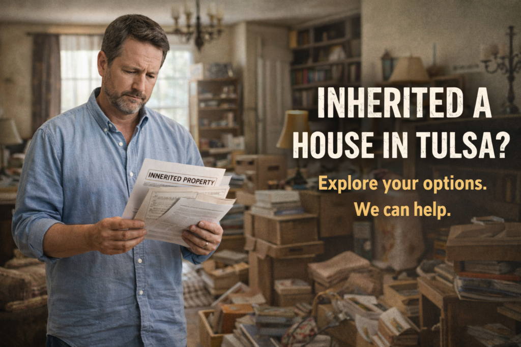 Out-of-state heir reviewing paperwork for an inherited Tulsa house while standing inside an older home filled with belongings needing estate cleanout.