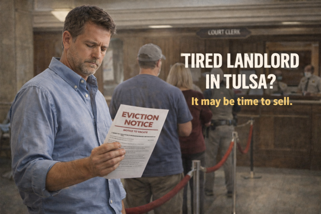 Tulsa landlord standing in courthouse line holding eviction notice paperwork looking stressed and overwhelmed.