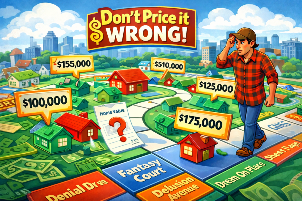 Board game illustration showing homeowner guessing home value and overpricing in the Tulsa real estate market.